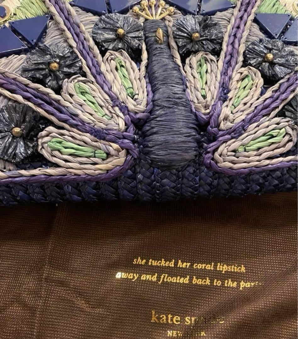 Kate Spade New York Peacock Clutch Bag Straw Full Plume Blue