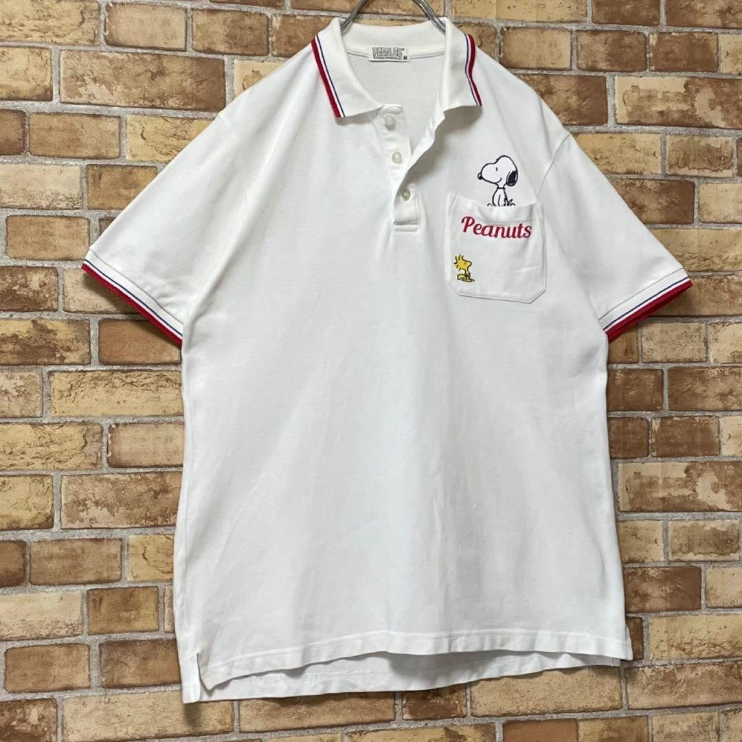 Peanuts Snoopy Polo Shirt White Tricolor M Used Casual Short Sleeve