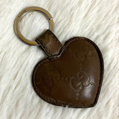 Authentic GUCCI Heart Strap Keychain KeyRing GG Leather Gold W/Box Made in Itary
