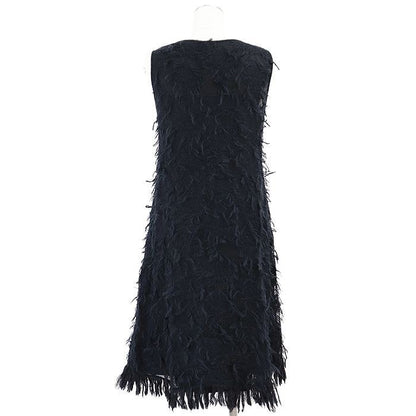 CHANEL 09A P36107 Mohair Fringe Sleeveless Dress Women Size 38 Dark-Navy