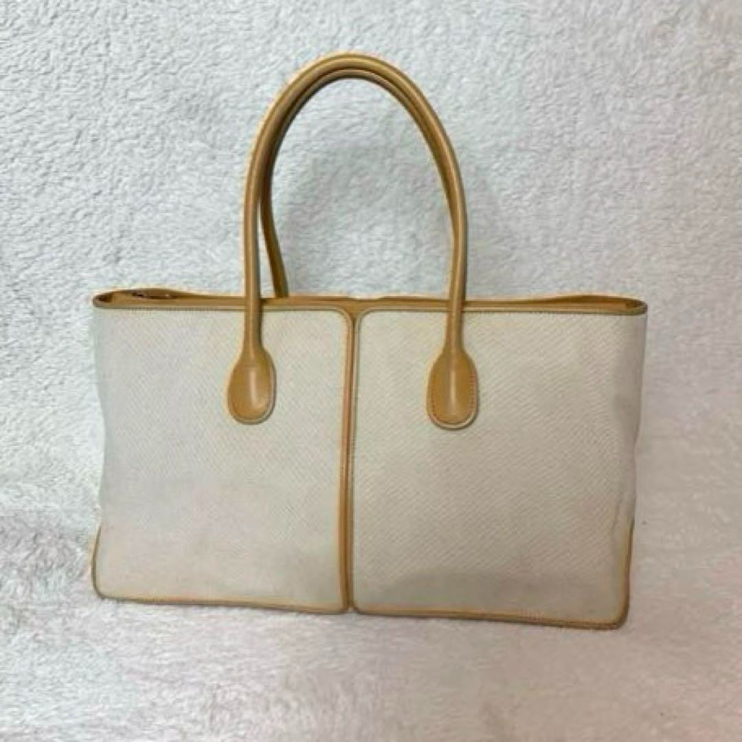Tod's Canvas Tote Bag Large Capacity White Leather Trim Used Japan