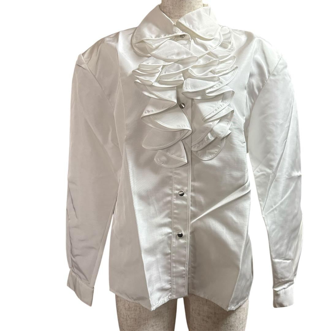Thierry Mugler White Frill Long Sleeve Shirt Size 9 Polyester Near M Vintage 80s