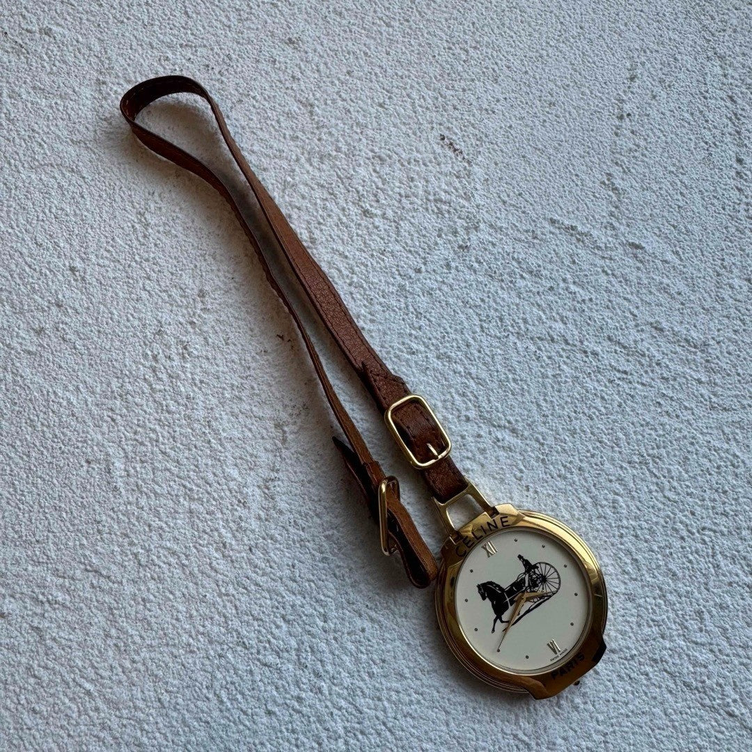 Ultra Rare CELINE Horse Carriage Gold Quartz Pocket Watch Vintage Authentic