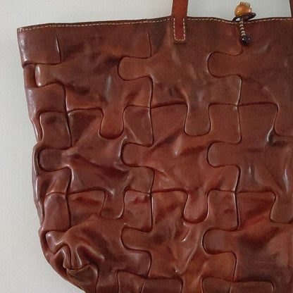 Used Henry Cuir Puzzle Tote Bag Hand Bag Leather Brown Color Very Rare JAPAN