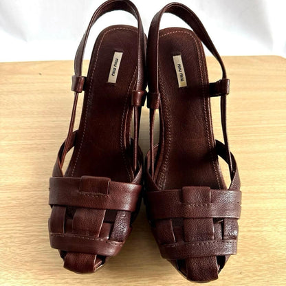 Rare Miu Miu Brown Leather Wedge Sandals 38.5 EU Beautiful Condition