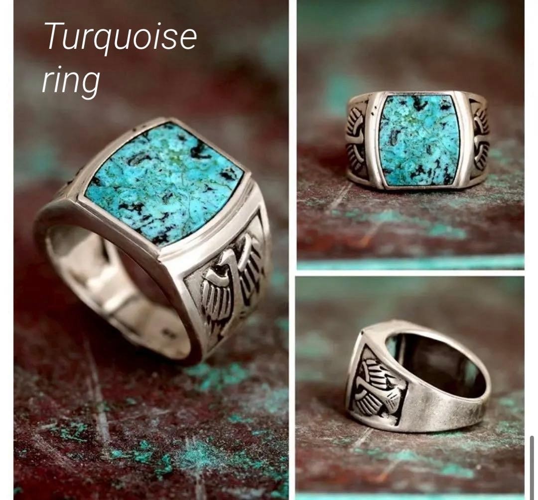 Turquoise Silver Ring, Square, Vintage, Sizes 9-9.5