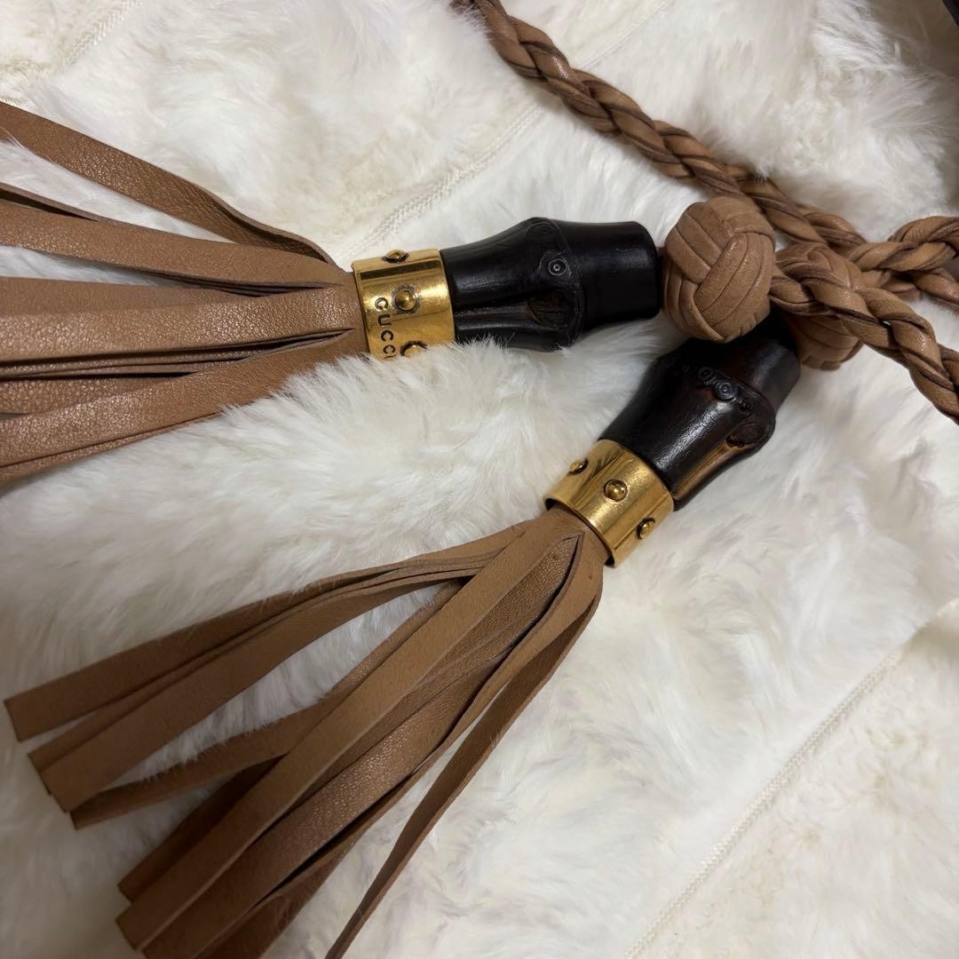 Ultra Rare GUCCI Bamboo Tassel Wrap Sash Belt Perforated Brown Leather Italy