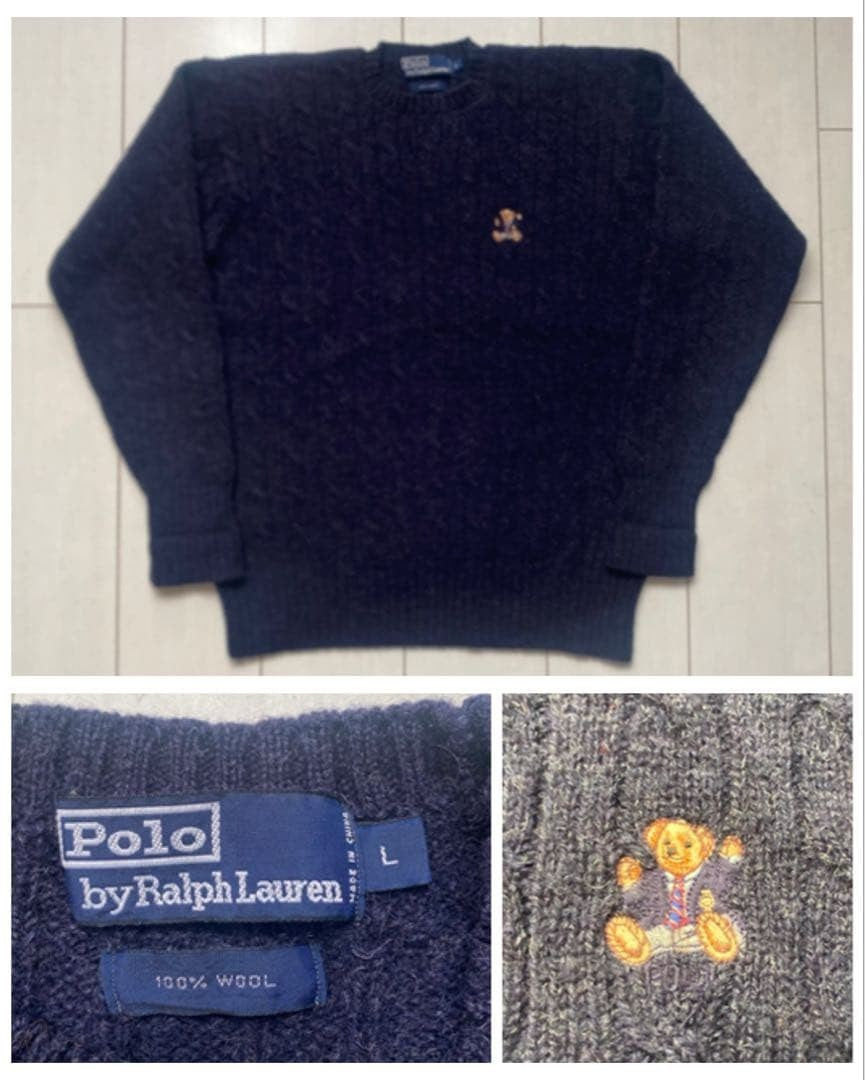 90s POLO BEAR Polo Bear Ralph Lauren Knit Sweater Navy