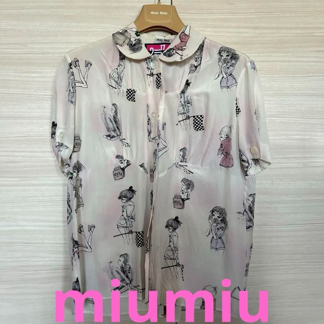 MIUMIU illustration print short sleeve silk shirt 36 collection F/S from Japan