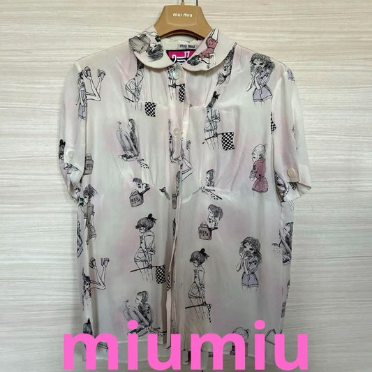 MIUMIU illustration print short sleeve silk shirt 36 collection F/S from Japan