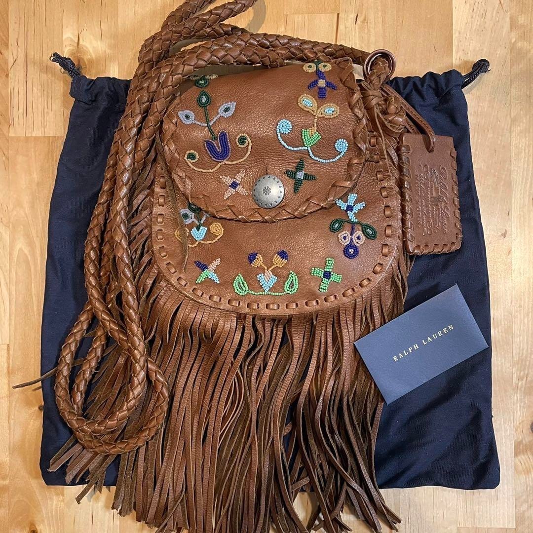 Ralph Lauren Western Fringe Concho Shoulder Bag Bead Embroidery Brown Used Rare