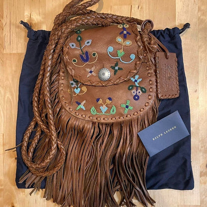 Ralph Lauren Western Fringe Concho Shoulder Bag Bead Embroidery Brown Used Rare