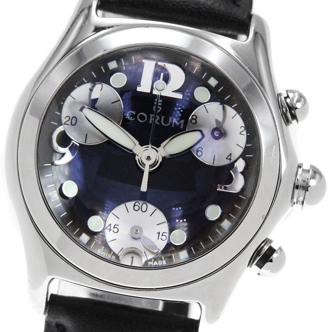CORUM Bubble Date Chronograph Quartz Wristwatch 36mm SS Black 196.250.20 Auth