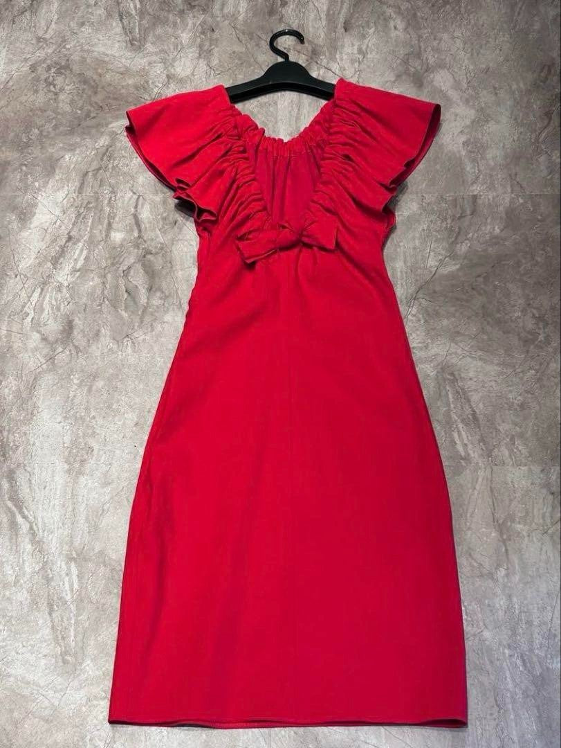 LANVIN Red Ruffle Knee-Length Dress Size 34 Length 35 Inches