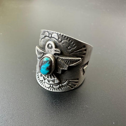 Navajo LFC Bisbee Turquoise Thunderbird Ring US 11.7