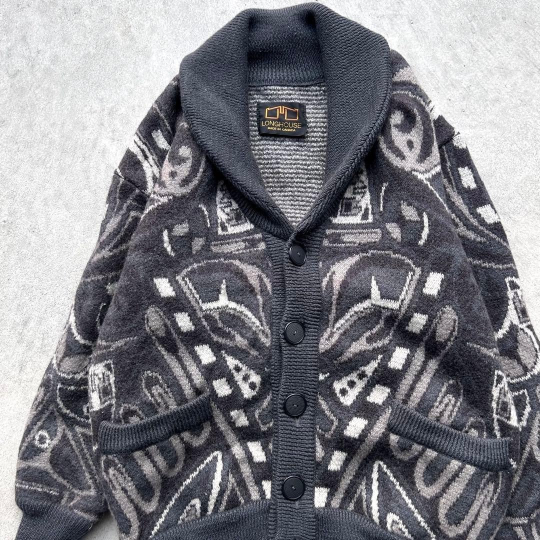 VINTAGE LONGHOUSE Thick Knit Cardigan Sweater Black L