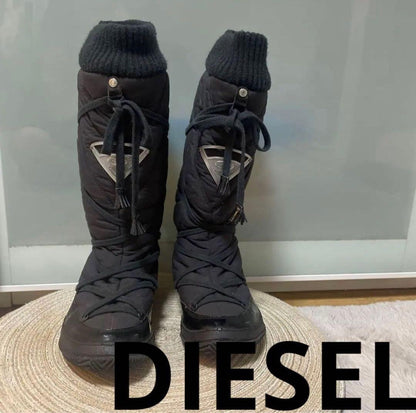 Diesel Women 7.0US Black Long Boots 24cm Nylon Rubber Material Luxury Modern iTA