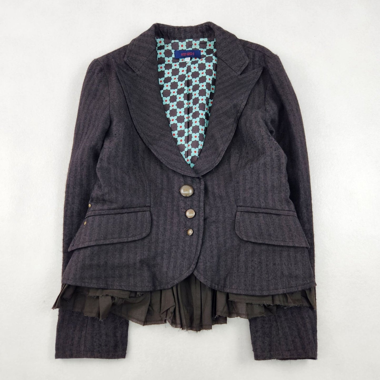 KENZO Vintage Herringbone Suit Set Brown France Wool Linen L