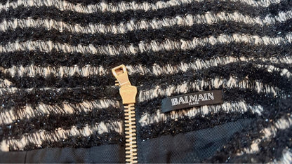 BALMAIN Skirt XS Black White Tweed Tight Elegant Design Gold Accents