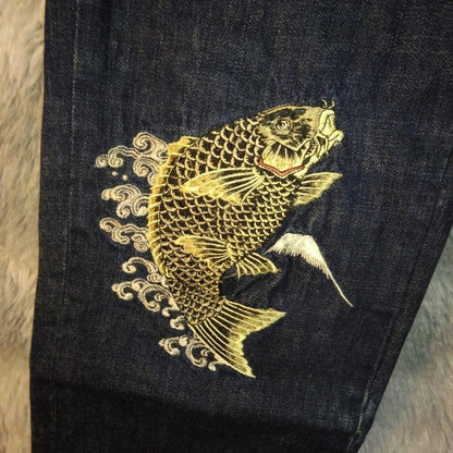 Hanatabi Gakudan Men's Denim Jeans Pants Koi Sakura Embroidered Blue 30
