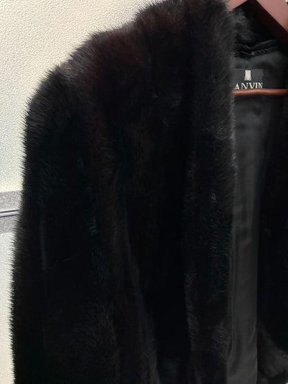 LANVIN Vintage Black Mink Real Fur Poncho Mantle Cape Coat Gold Saga Japan