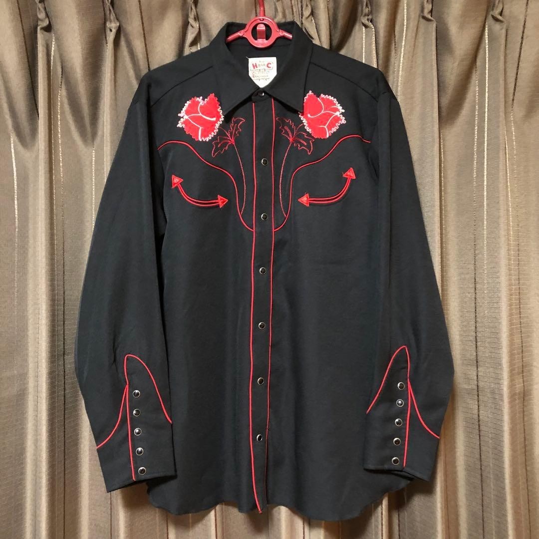 H Bar C Western Shirt XL Black 1980s Vintage with Embroidery