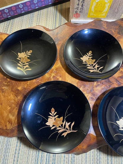 Wajima Lacquer Chinkin Black Dessert Plates Set of 5 by Miyakita with Box