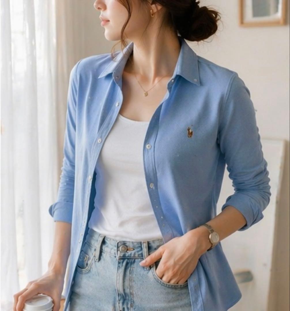 Ralph Lauren Embroidery Light Blue Knit Oxford Shirt XS S Japan