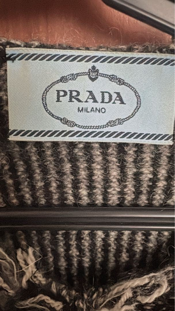 PRADA Cardigan Fringe Design Wool Black White Size S Stylish Chic