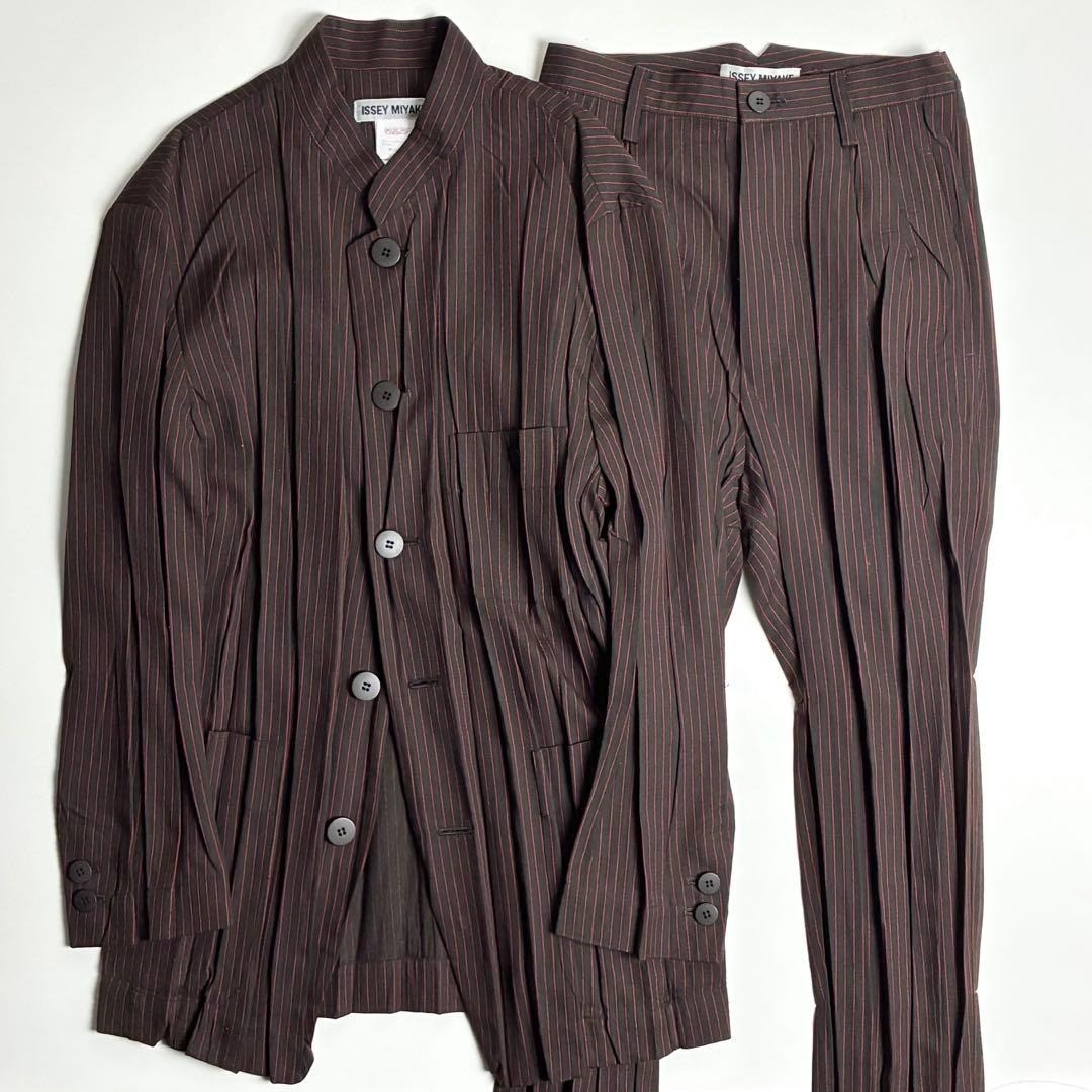 Issey Miyake 90s Archive Pleated Suit Set Brown Red Wool Japan Rare