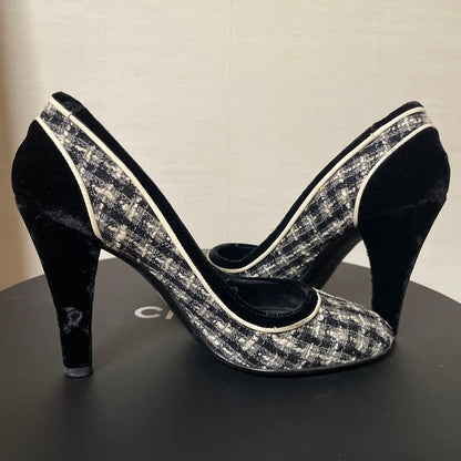 CHANEL Shoes Pumps Heel EU 36 US 6 Tweed Black White Authentic
