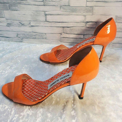 Rare Manolo Blahnik Orange Leather Heels Sandals Size EU37 / US7 Popular Auth