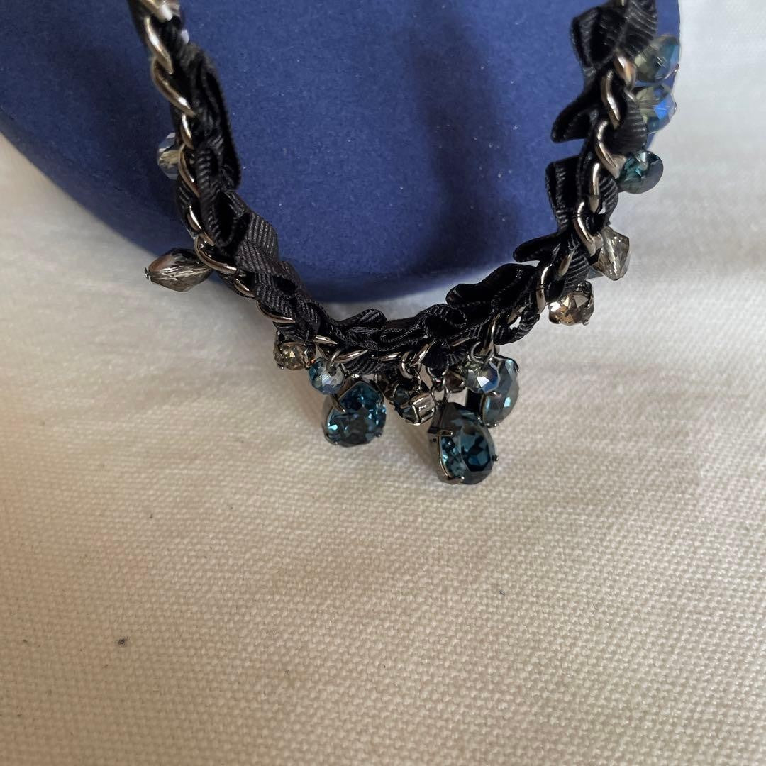LANVIN Blue Stone Necklace Black Ribbon Elegant Designer Jewelry From Japan Rare