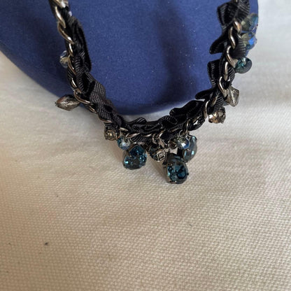 LANVIN Blue Stone Necklace Black Ribbon Elegant Designer Jewelry From Japan Rare