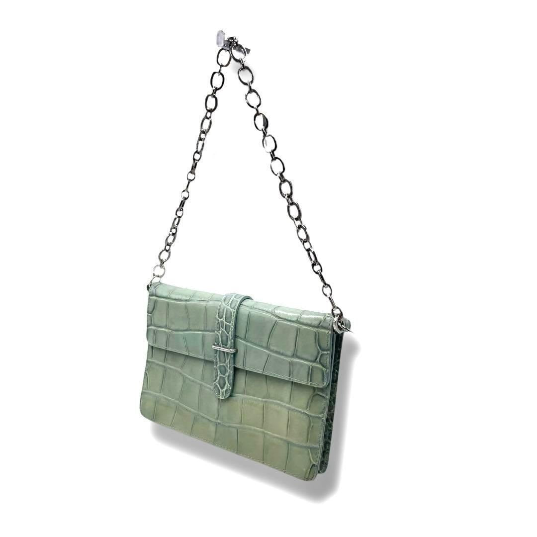 FURLA Croco Embossed Leather Shoulder Bag Green Small Brand Authentic