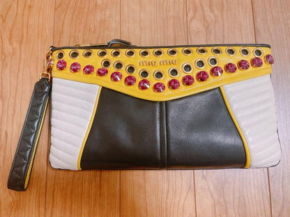 Auth MIU MIU Black & Multicolors Leather & Crystal Clutch Hand Wrist Bag #60125