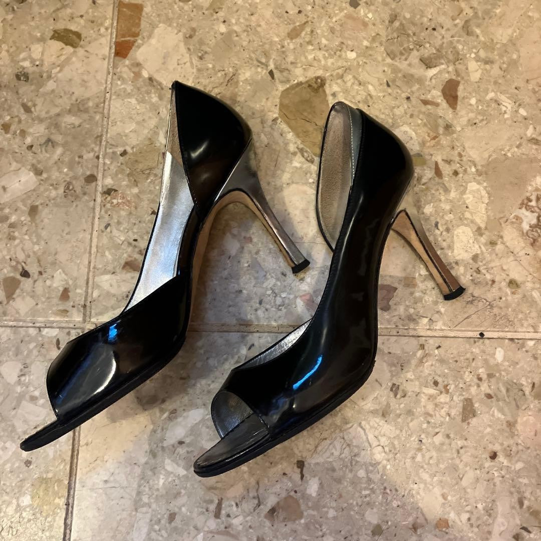 Rare Manolo Blahnik Open Toe Heels Size EU36 / US6 Black Silver Pin Heels Pumps