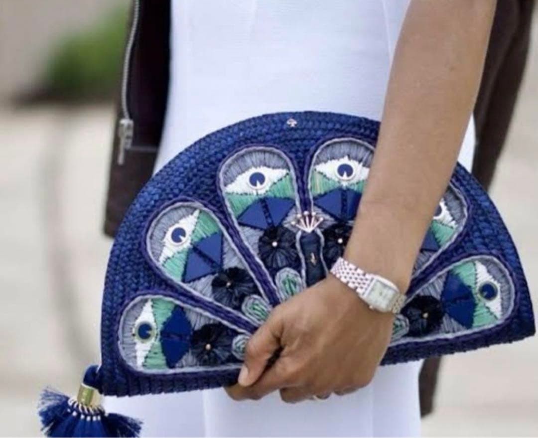 Kate Spade New York Peacock Clutch Bag Straw Full Plume Blue