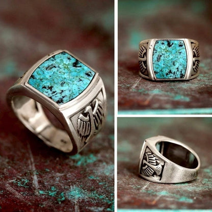 Turquoise Silver Ring with Vintage Eagle Carving - Men's