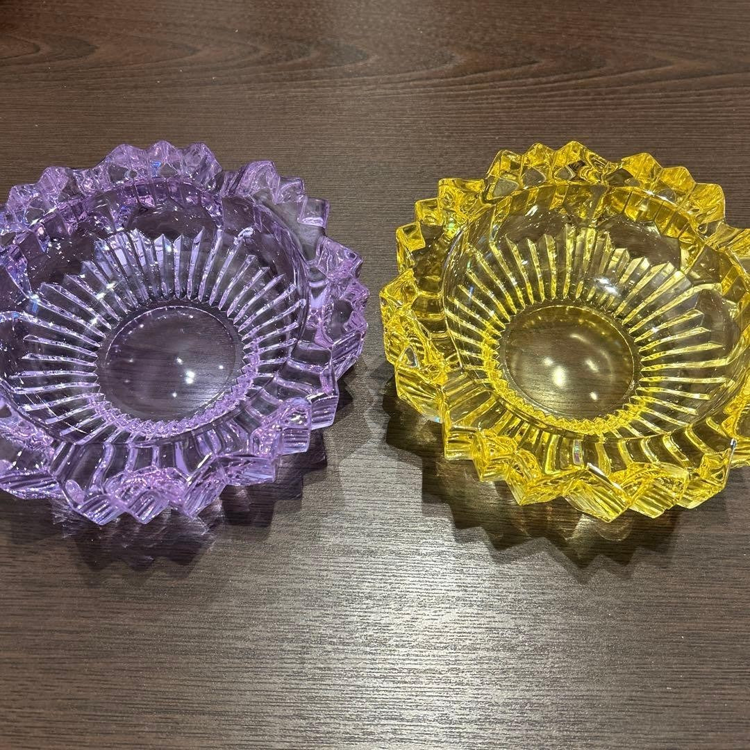 Kagami Crystal Ashtray Set Vintage Purple Yellow Small Jewelry Organizers Used