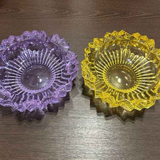 Kagami Crystal Ashtray Set Vintage Purple Yellow Small Jewelry Organizers Used
