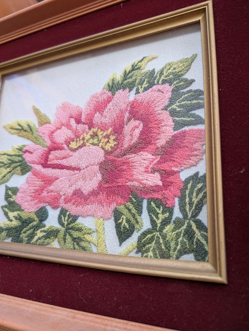 Hand-embroidered Peony Artwork Framed in a Tea-Colored Frame with Surface Glass