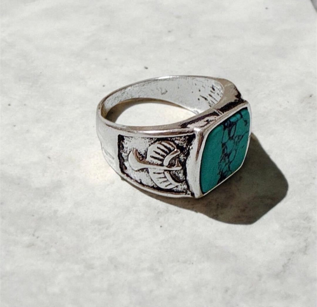 Turquoise Silver Ring with Eagle Engraving, Vintage Style, Men's