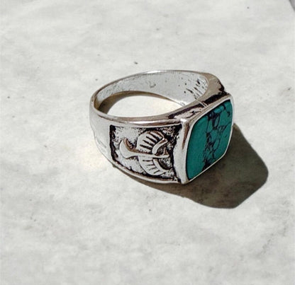 Turquoise Silver Ring with Eagle Engraving, Vintage Style, Men's