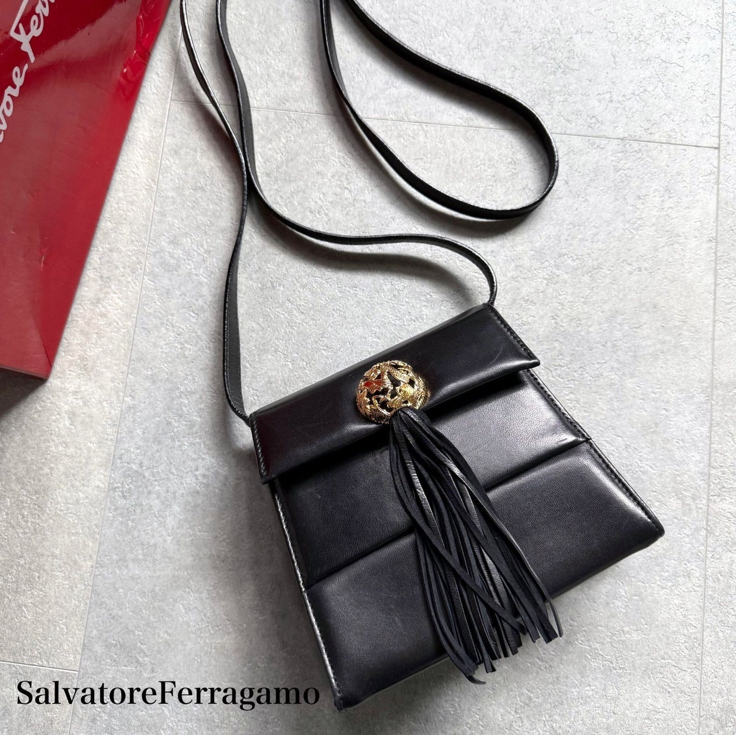 Salvatore Ferragamo Fringe Mini Shoulder Bag Leather Black Gold Authentic Rare