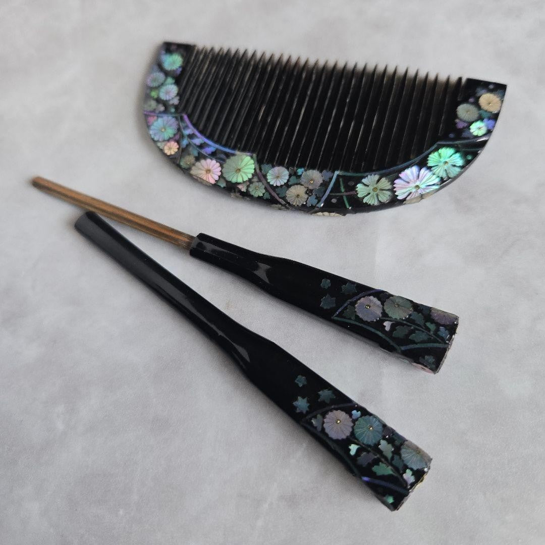 Japanese Hairpin, Comb, Black Lacquer, Mother-Of-Pearl, Hair Ornament, , N5, , C