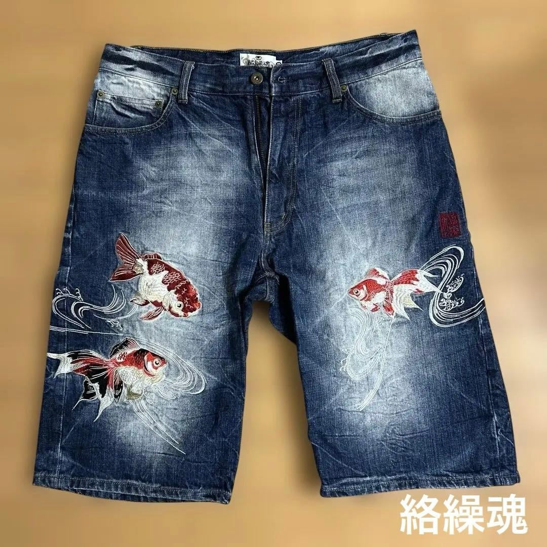 Karakuri Tamashii Goldfish Embroidered Denim Shorts Indigo/Size34/VG LTD From JP