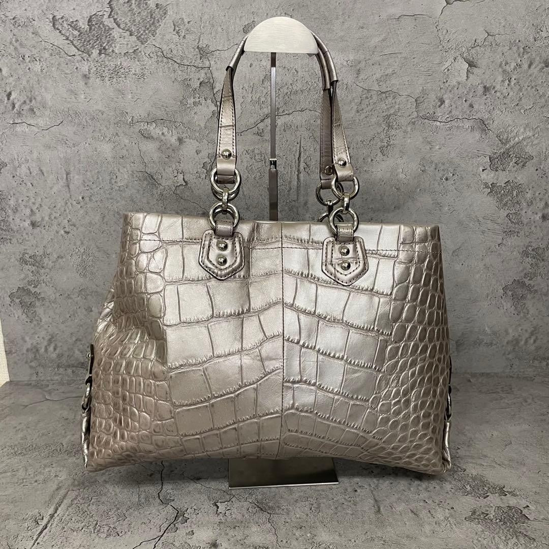 COACH Ashley Croc Embossed Leather Tote Bag Silver Y2K Rare