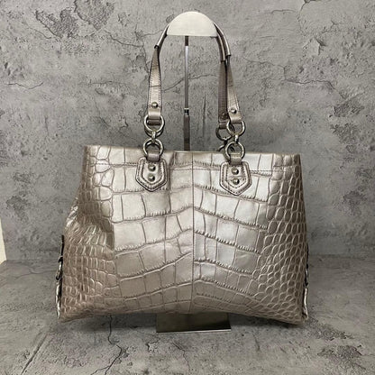 COACH Ashley Croc Embossed Leather Tote Bag Silver Y2K Rare