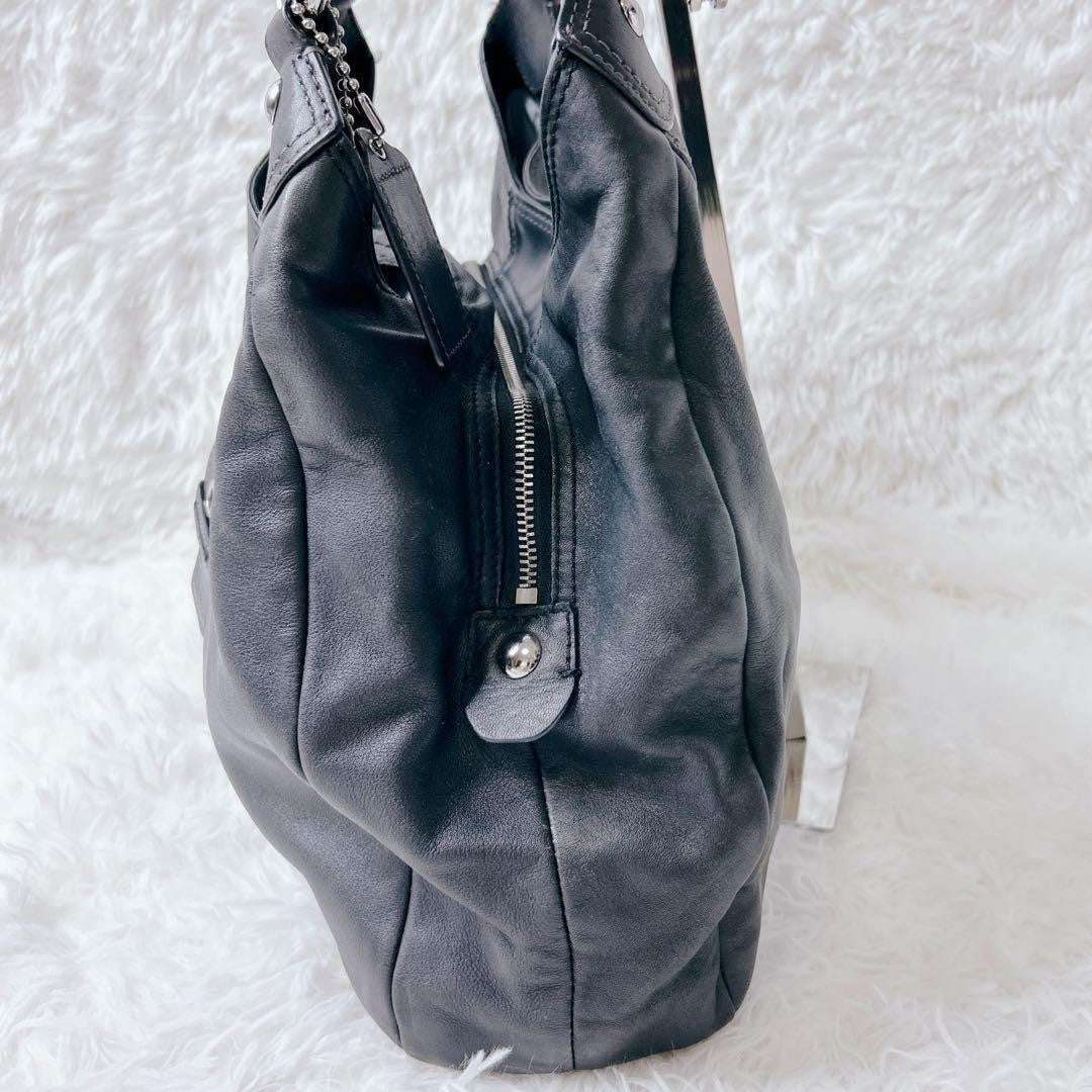 COACH Soho Hobo Tote Bag Black Leather Shoulder Buckle Silver Auth